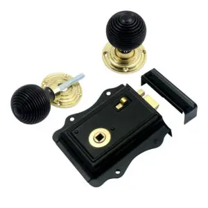 Fancy Rim Lock + Ebony <br>Reeded Rim Knob